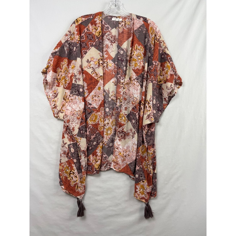 Maurices Kimono Wrap Womens One Size Rust Floral Patchwork Boho Tassel Layering